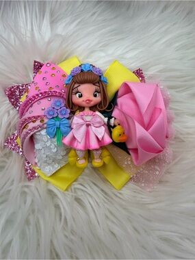 Hand Crafted Pink & Yellow Doll Hair Bow with Floral Accents